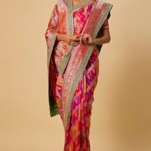 multi colored banarasi silk zardosi hand embroidered saree set
